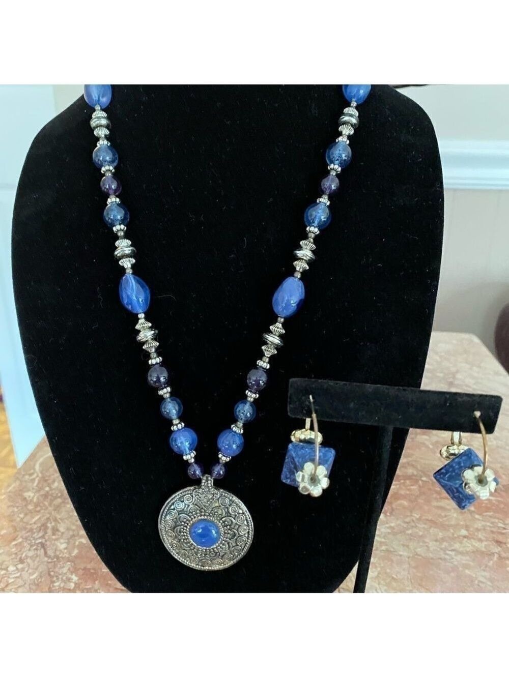 Preloved Silver Tone & Blue Medallion Necklace & Earring Set | Boho Jewelry